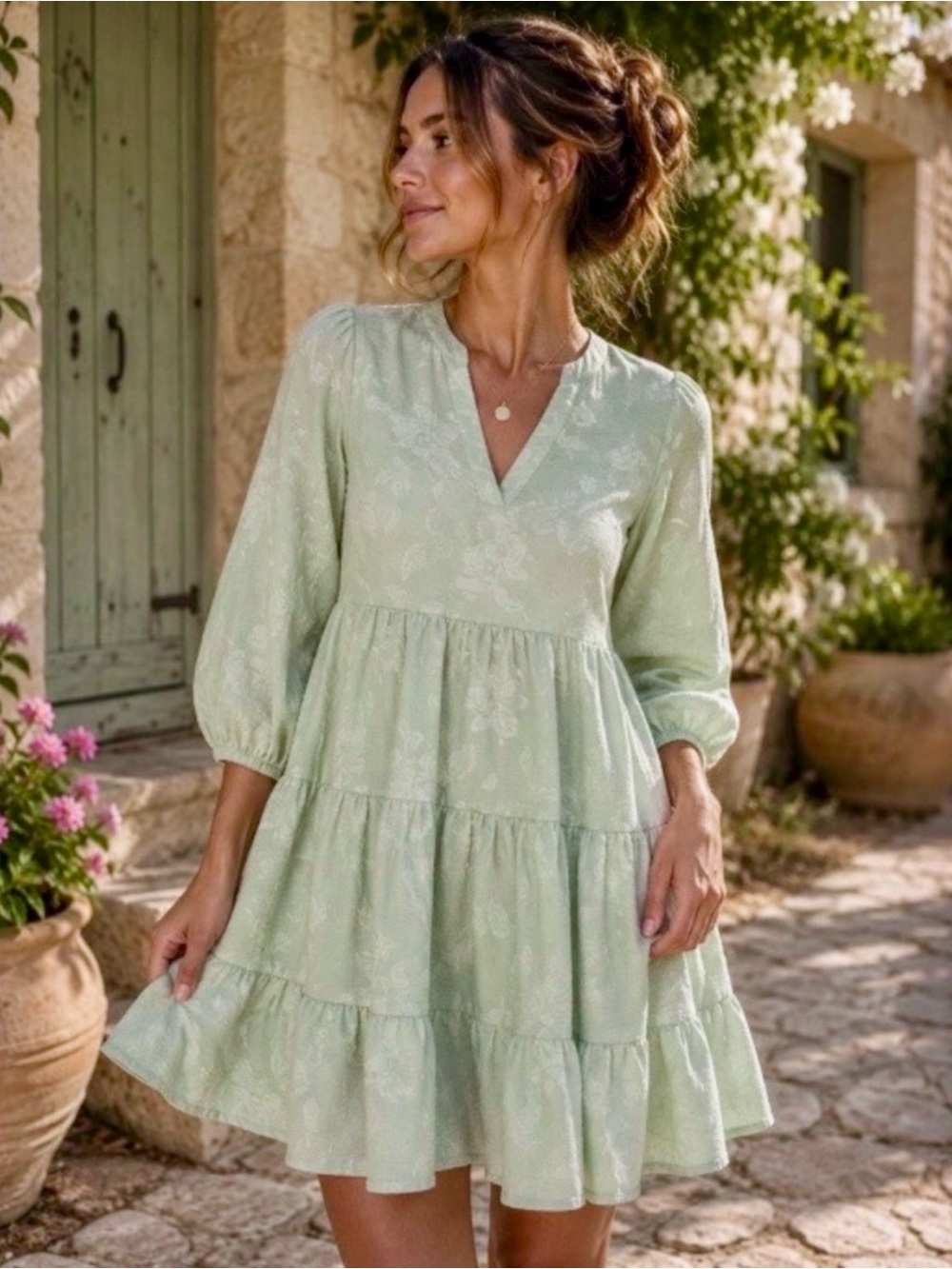 Joie Sage Green Textured Floral Tiered Mini Dress L Boho Puff Sleeve